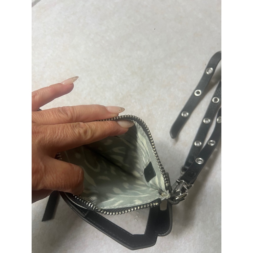 Aimee Kestenberg Black Leather Grey Nylon Crossbody Phone Bag Grommet Strap - Picture 8 of 8